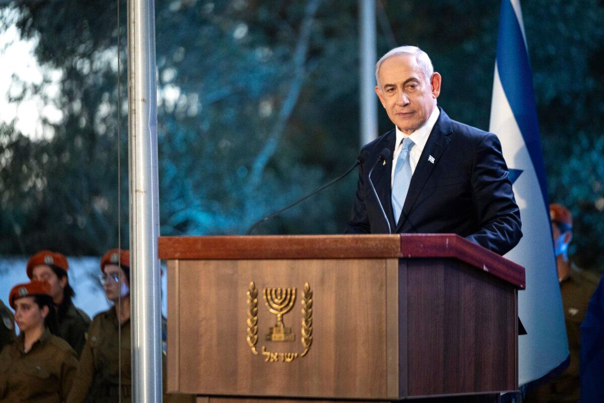 Israeli Prime Minister Benjamin Netanyahu speaks at the state memorial for Ze'ev Jabotinsky, at Mount Herzl Military Cemetery in Jerusalem on Aug. 4, 2024. (Naama Grynbaum/Pool Photo via AP)