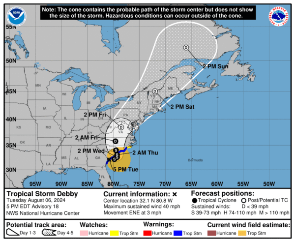 National Hurricane Center's predicted track of Tropical Storm Debby as of 5 p.m. EDT on Aug. 6 (National Hurricane Center/National Weather Service).