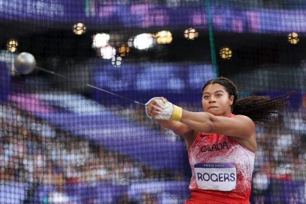 Camryn Rogers of Team Canada competes during the women's hammer throw final on day 11 of the Olympic Games Paris 2024, at Stade de France in Paris, France, on Aug. 6, 2024. (Patrick Smith/Getty Images)