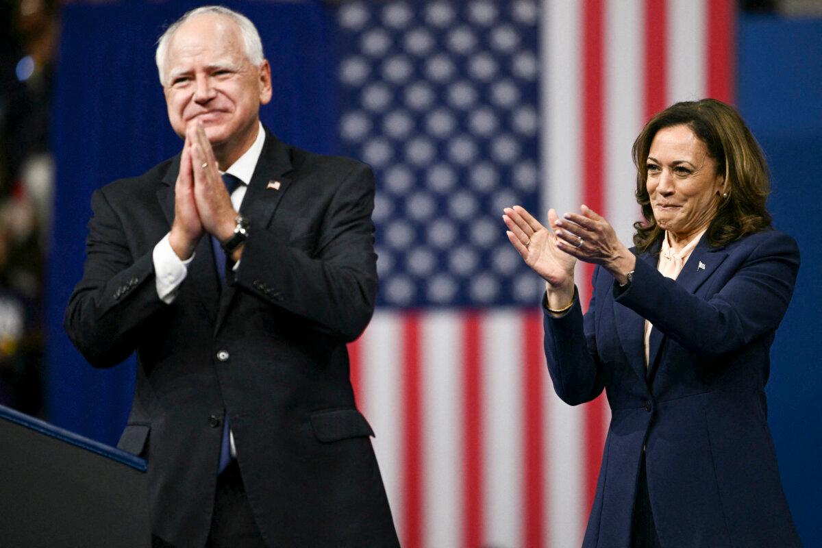 Vice President and Democratic presidential candidate Kamala Harris and her running mate Minnesota Gov. Tim Walz at Temple University's Liacouras Center in Philadelphia on Aug. 6, 2024. (BRENDAN SMIALOWSKI/AFP via Getty Images)