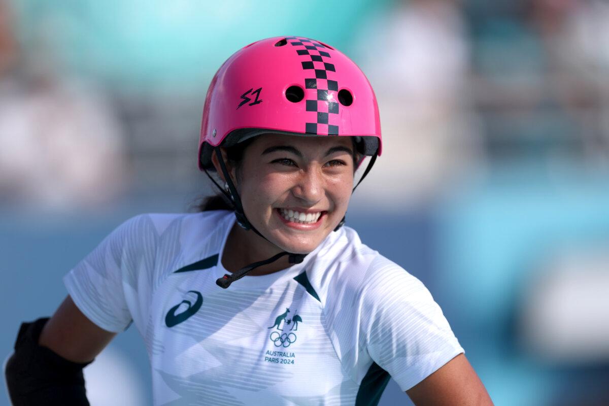 Arisa Trew of Team Australia reacts during the women's park final on day eleven of the Olympic Games at Place de la Concorde in Paris on Aug. 6, 2024. (Alex Pantling/Getty Images)