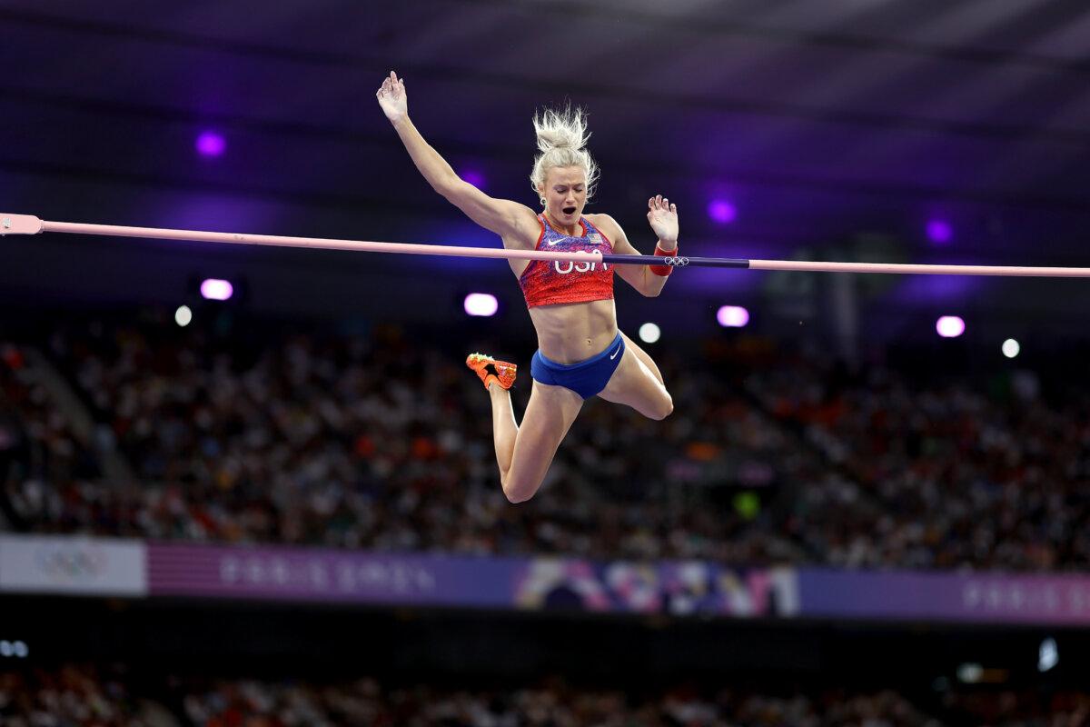Katie Moon of Team United States reacts while competing during the women's pole vault final on day twelve of the Olympic Games Paris 2024 at Stade de France in Paris on Aug. 7, 2024. (Cameron Spencer/Getty Images)
