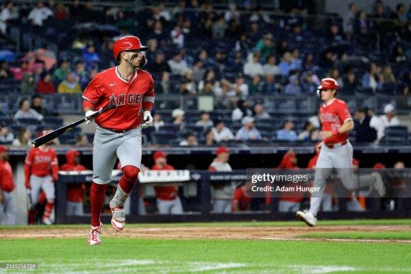 Zach Neto (9) of the Los Angeles Angels hits a grand slam during the second inning in the second game of a doubleheader against the New York Yankees in New York on Aug. 7, 2024. (Adam Hunger/Getty Images)