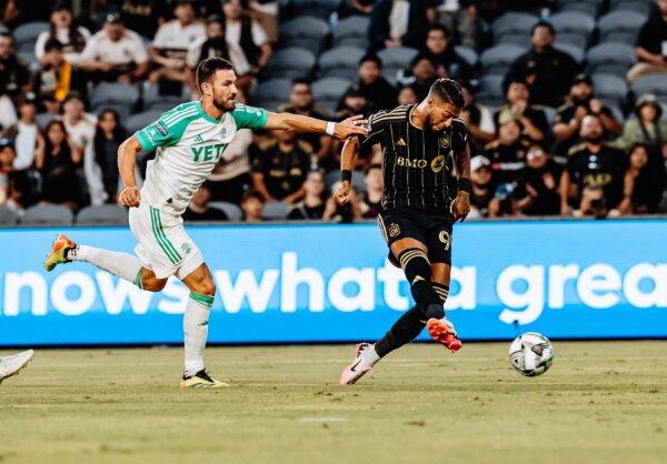 LAFC forward Denis Bouanga (99) scores a goal against Austin FC in Leagues Cup action in Los Angeles on Aug. 7, 2024. (Courtesy of Los Angeles FC via The Epoch Times)