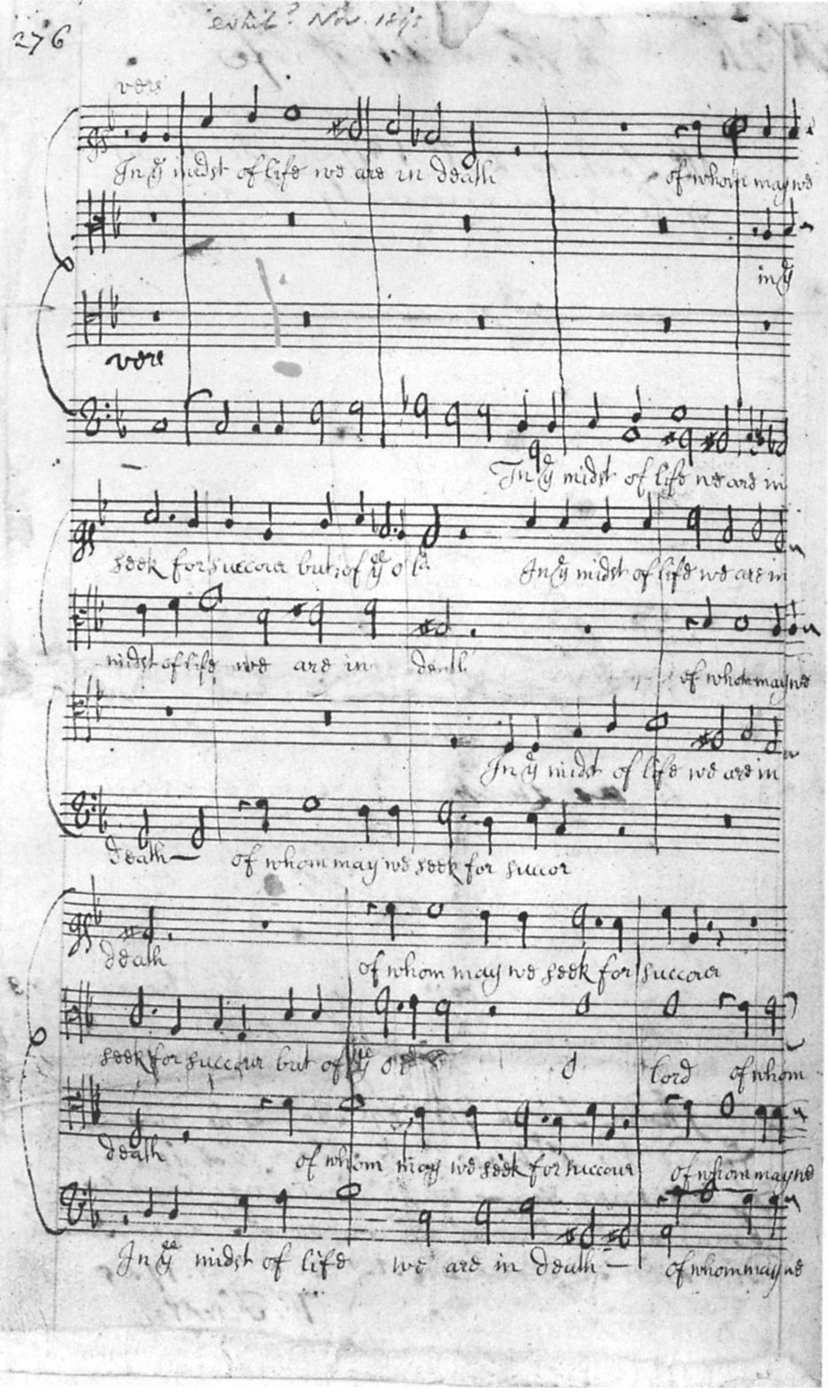 Autograph manuscript of the second of Purcell's Funeral Sentences, "In the midst of life we are in death," British Library, (Public Domain)
