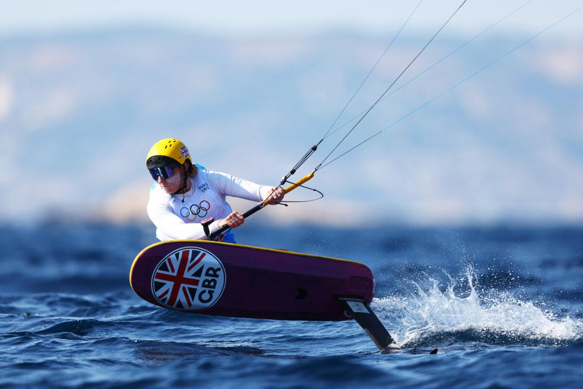 Eleanor Aldridge of Team Great Britain competes in the Women's Kite finals on day 13 of the Olympic Games at Marseille Marina in Marseille, France on Aug. 8, 2024. Aldridge won gold medal in the women's formula kite kiteboarding finals. (Phil Walter/Getty Images)