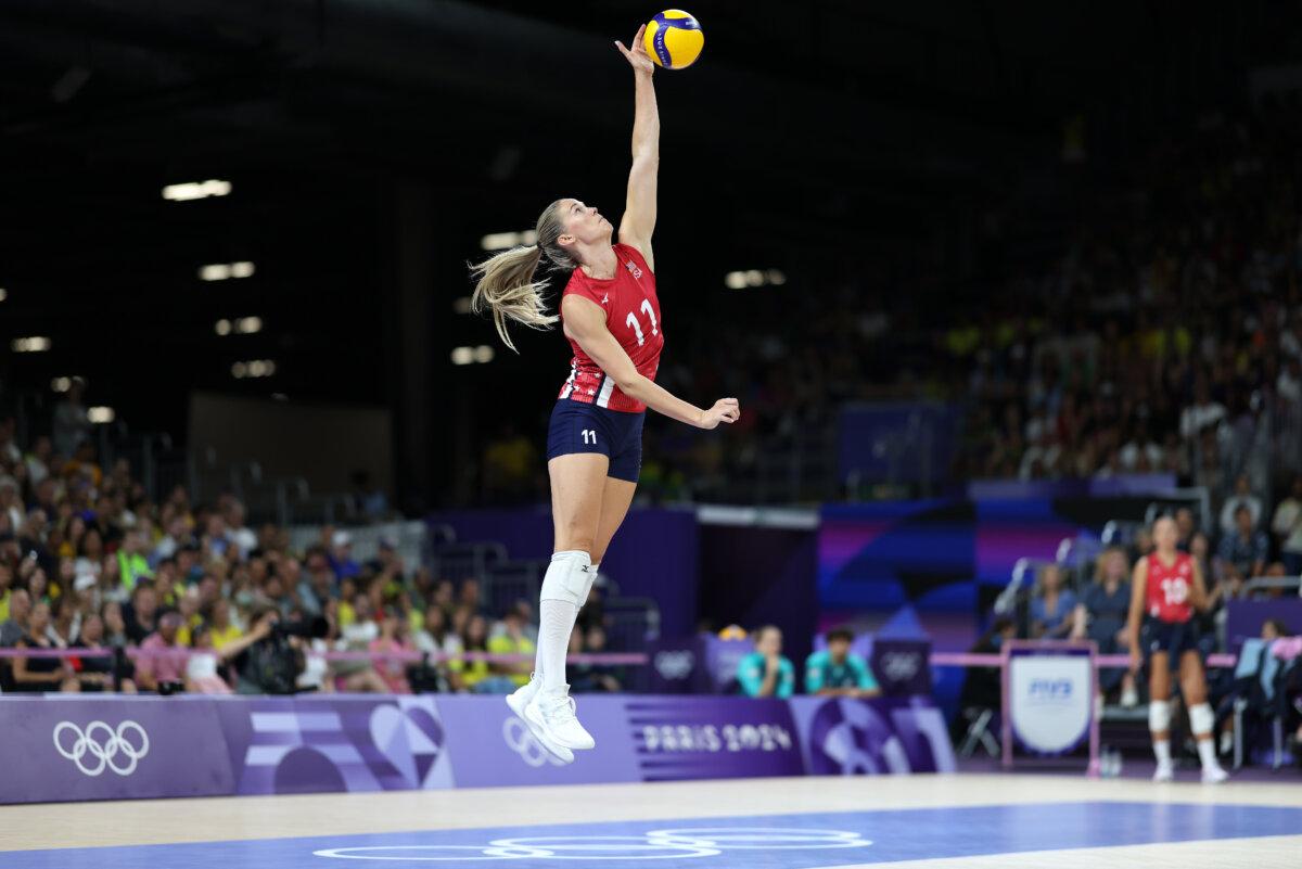 Andrea Drews of Team United States serves the ball during a women's semifinal match against Team Brazil on day 13 of the Olympic Games in Paris on Aug. 8, 2024. (Lintao Zhang/Getty Images)