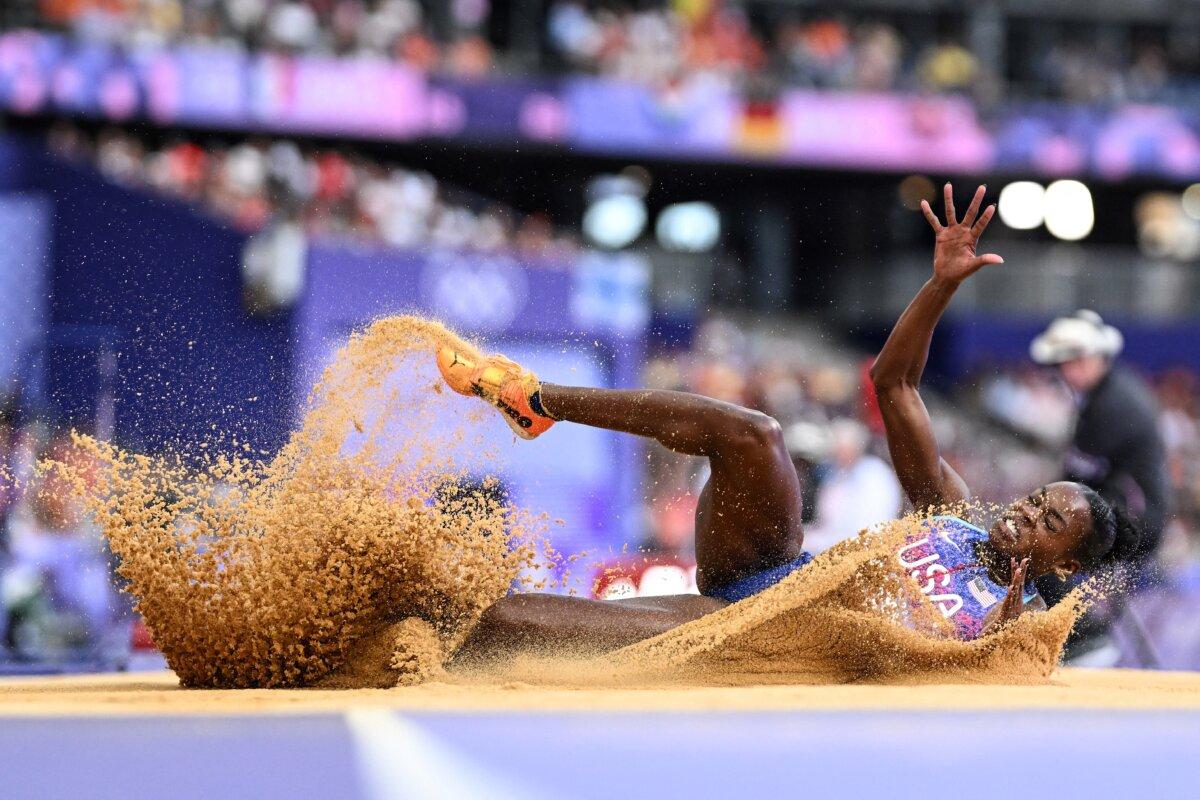 Team USA's Jasmine Moore competes in the women's long jump final of the athletics event at the Olympic Games at Stade de France in Saint-Denis, north of Paris, on Aug. 8, 2024. (Kirill Kudryavtsev/AFP via Getty Images)