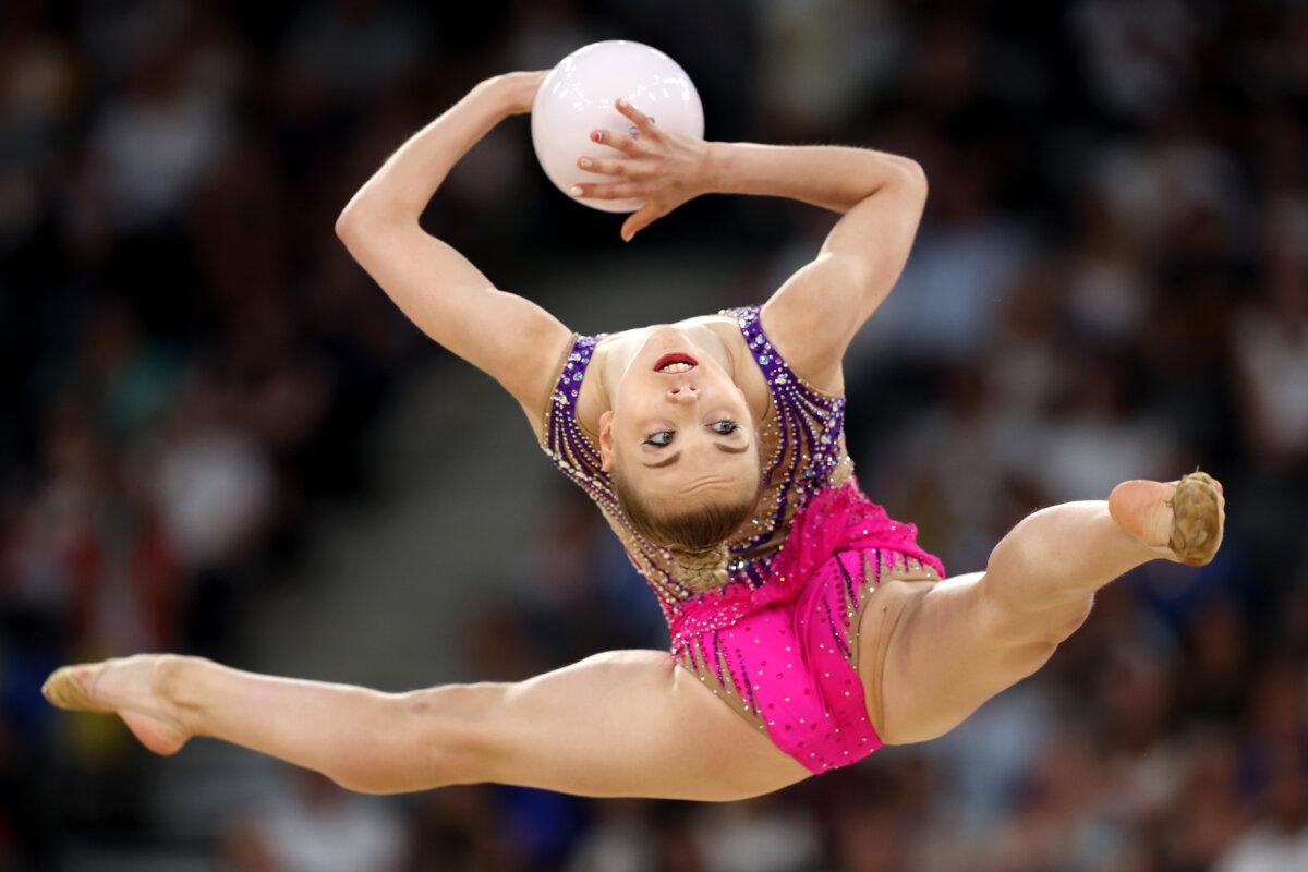 Helene Karbanov of Team France competes during the Rhythmic Gymnastics Individual all-around qualification on day 13 of the Olympic Games at Porte de La Chapelle Arena in Paris on Aug. 8, 2024. (Jamie Squire/Getty Images)