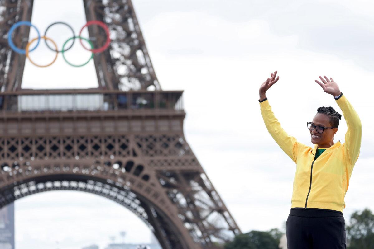Beverly McDonald of Jamaica is awarded the bronze medal for the 200-meter dash from the 2000 Sydney Olympics during a medal reallocation ceremony on day 14 of the 2024 Paris Olympic Games at Champions Park in Paris on Aug. 9, 2024. (Pascal Le Segretain/Getty Images)