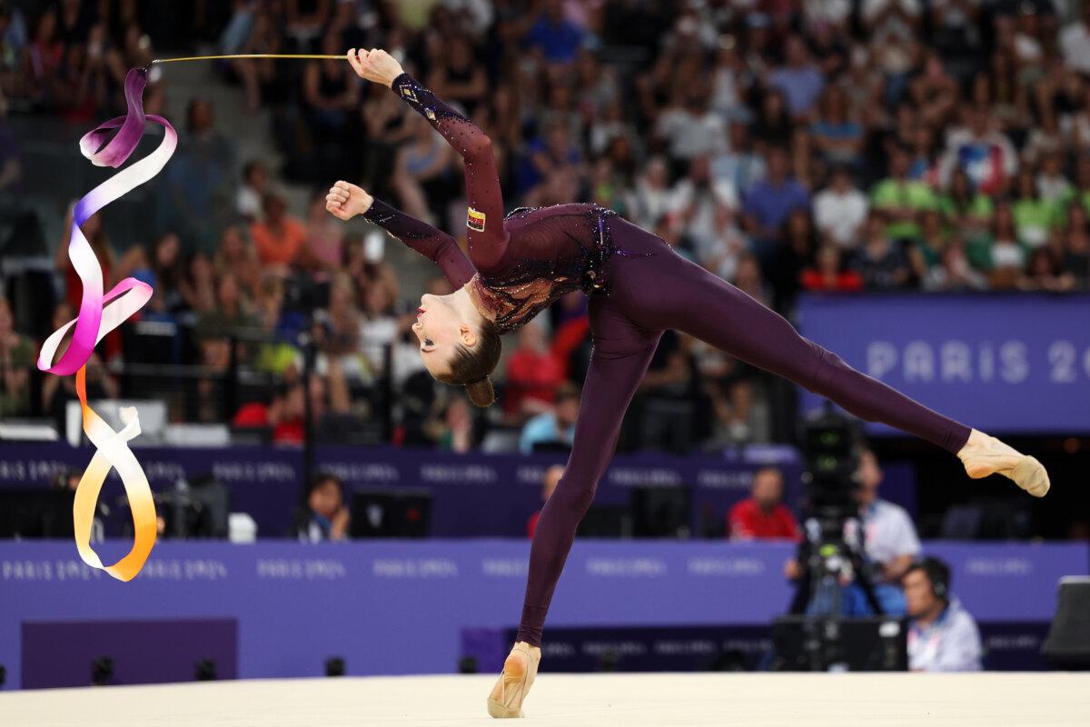 Darja Varfolomeev of Team Germany competes during the rhythmic gymnastics individual all-around final on day 14 of the Olympic Games at Porte de La Chapelle Arena in Paris on Aug. 9, 2024. (Jamie Squire/Getty Images)