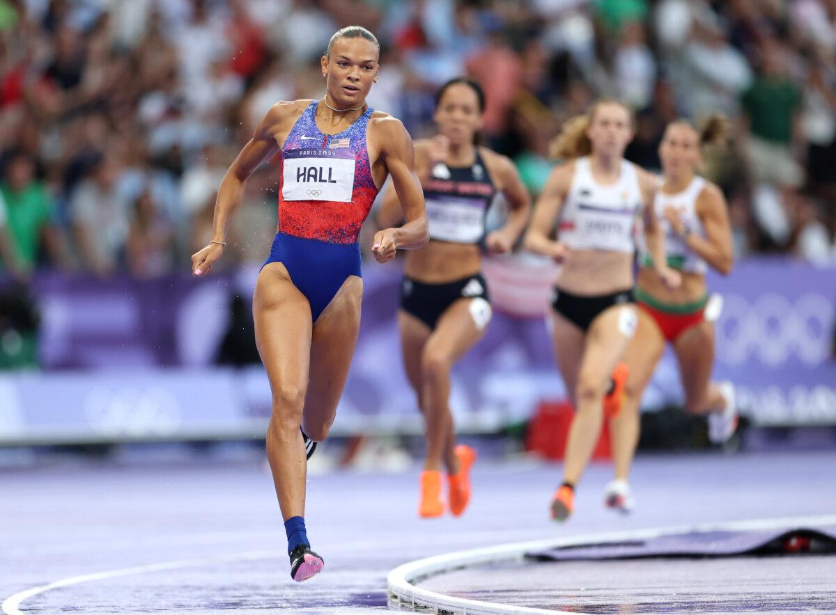 Anna Hall of the United States competes in the women's heptathlon 800-meter on day 14 of the Olympic Games Paris 2024 at Stade de France in Paris on Aug. 9, 2024. (Luke Hales/Getty Images)