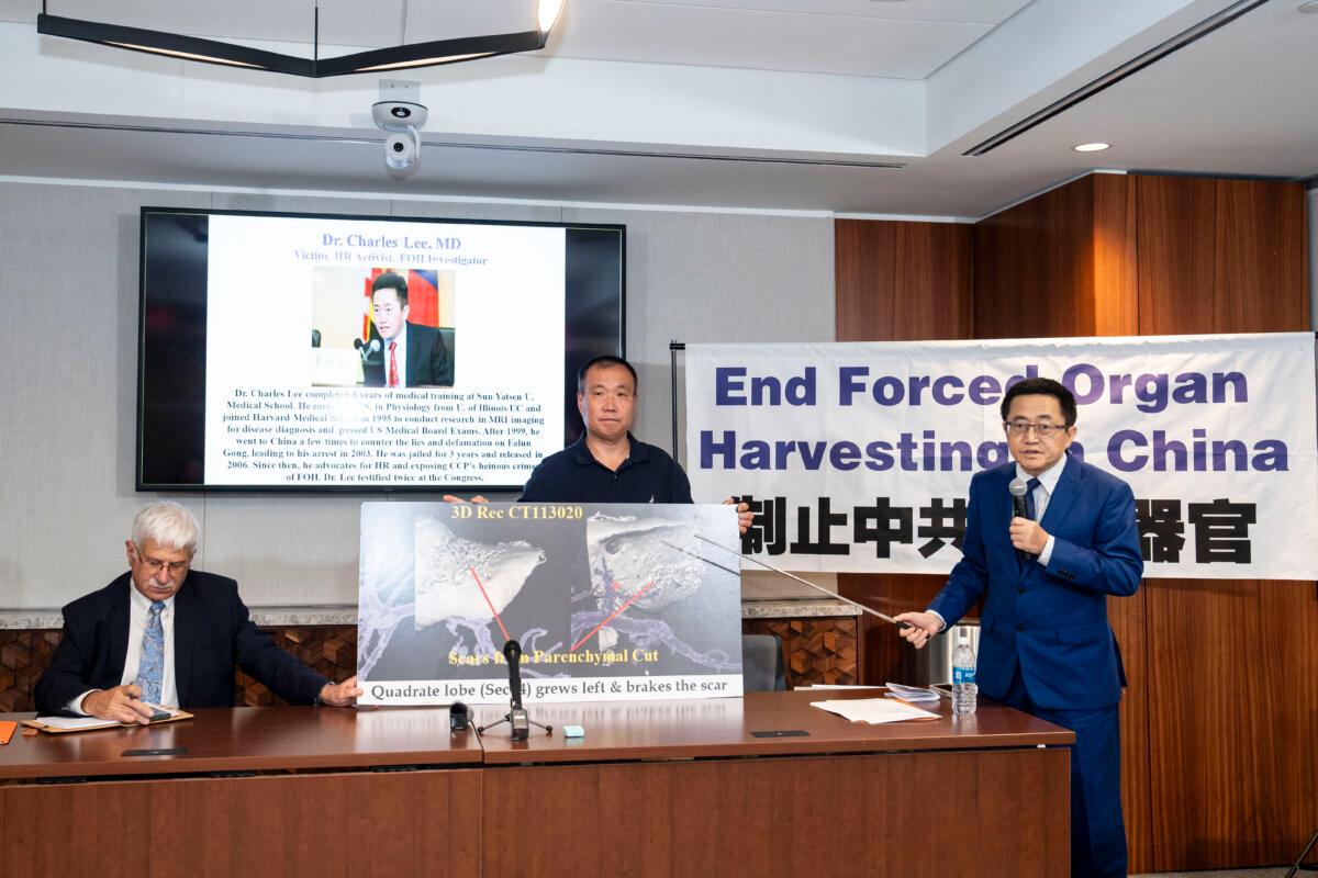 (L–R) Robert Destro, former assistant secretary of state for Democracy, Human Rights, and Labor; Cheng Peiming, a Falun Gong practitioner who had his organs forcibly removed in China; and Dr. Charles Lee, forced organ investigator, speak during a press conference in Washington on Aug. 9, 2024. (Madalina Vasiliu/The Epoch Times)