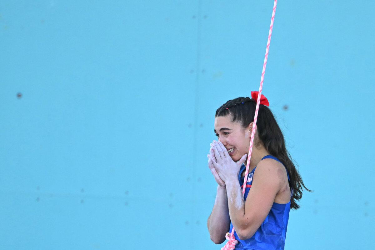Team USA's Brooke Raboutou reacts after competing in the women's sport climbing lead final during the Olympic Games at Le Bourget Sport Climbing Venue in Le Bourget in Paris on Aug. 10, 2024. (Fabrice Coffrini/AFP via Getty Images)