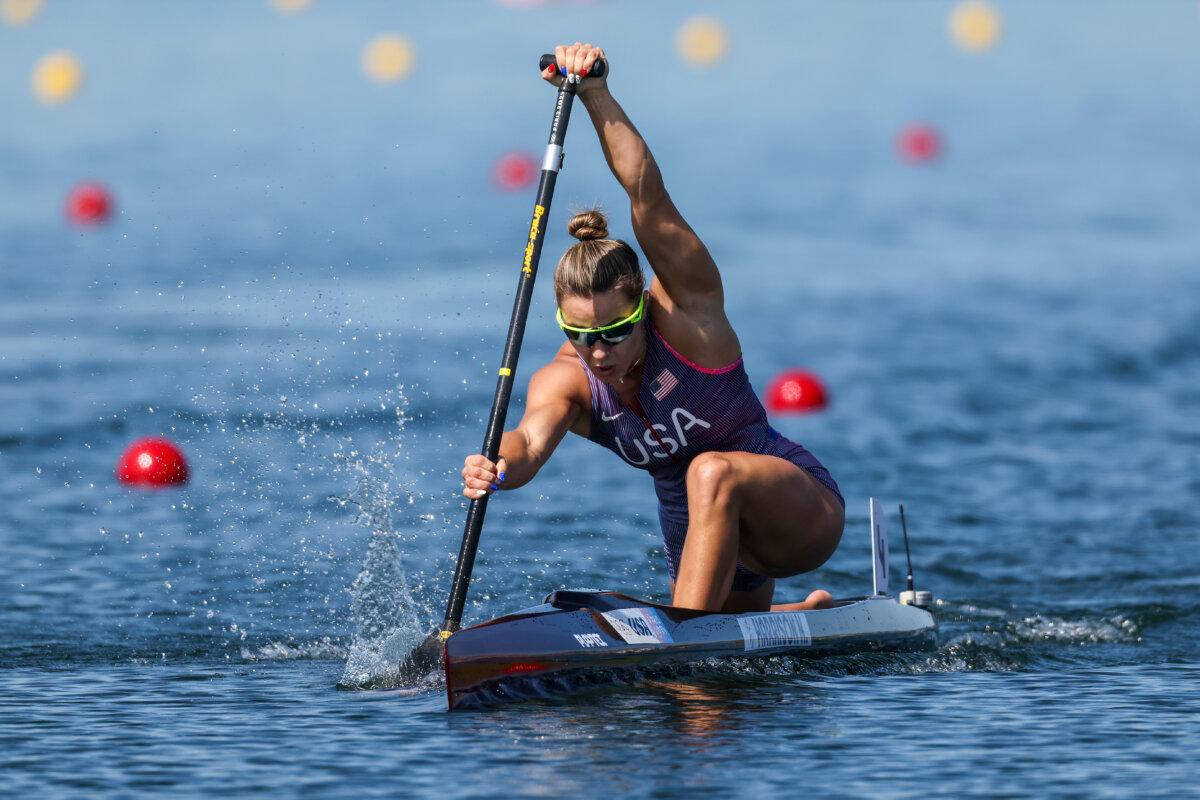 Nevin Harrison of Team United States competes during the women’s canoe single 200-meter semifinals on day 15 of the Olympic Games at Vaires-Sur-Marne Nautical Stadium in Paris on Aug. 10, 2024. (Justin Setterfield/Getty Images)