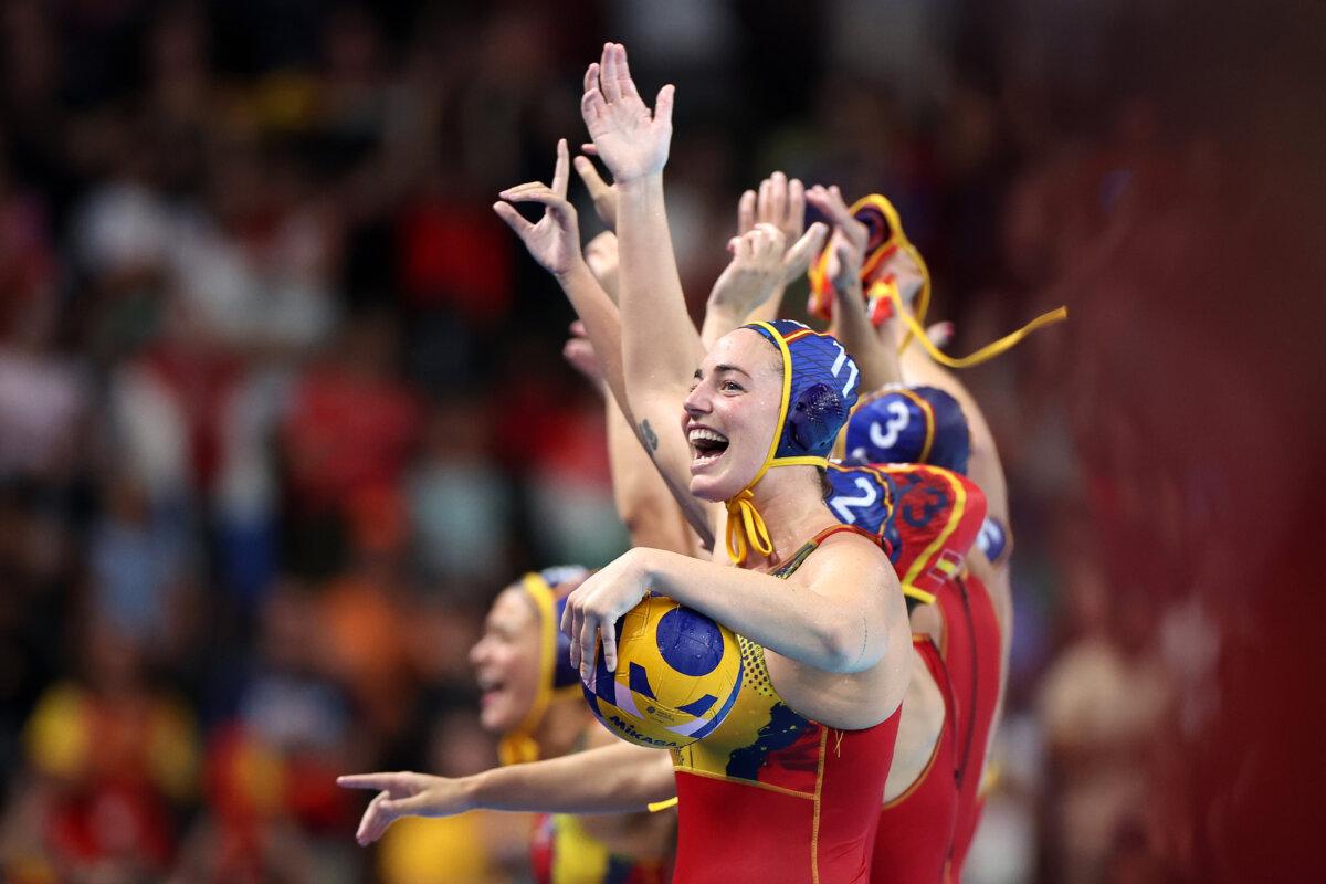 Maica Garcia Godoy of Team Spain celebrates after winning gold following victory in the women's gold medal match between Team Australia and Team Spain on day 15 of the Paris 2024 Olympic Games at Paris La Defense Arena in Nanterre, France, on Aug. 10, 2024. (Quinn Rooney/Getty Images)