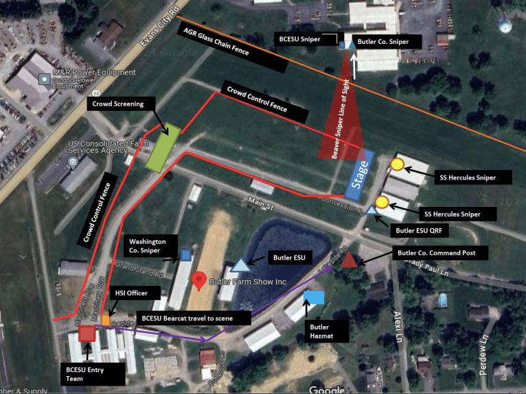 A diagram shows an aerial view of the July 13 Trump rally site, with labels showing where Beaver County and Butler County police assets were positioned. (Beaver County Emergency Service Unit)