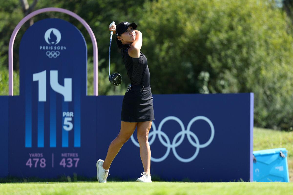 Lydia Ko of Team New Zealand tees off on the 14th hole during Day Four of the women's individual stroke play on day 15 of the Olympic Games Paris 2024 at Le Golf National in Paris on Aug. 10, 2024. (Andrew Redington/Getty Images)