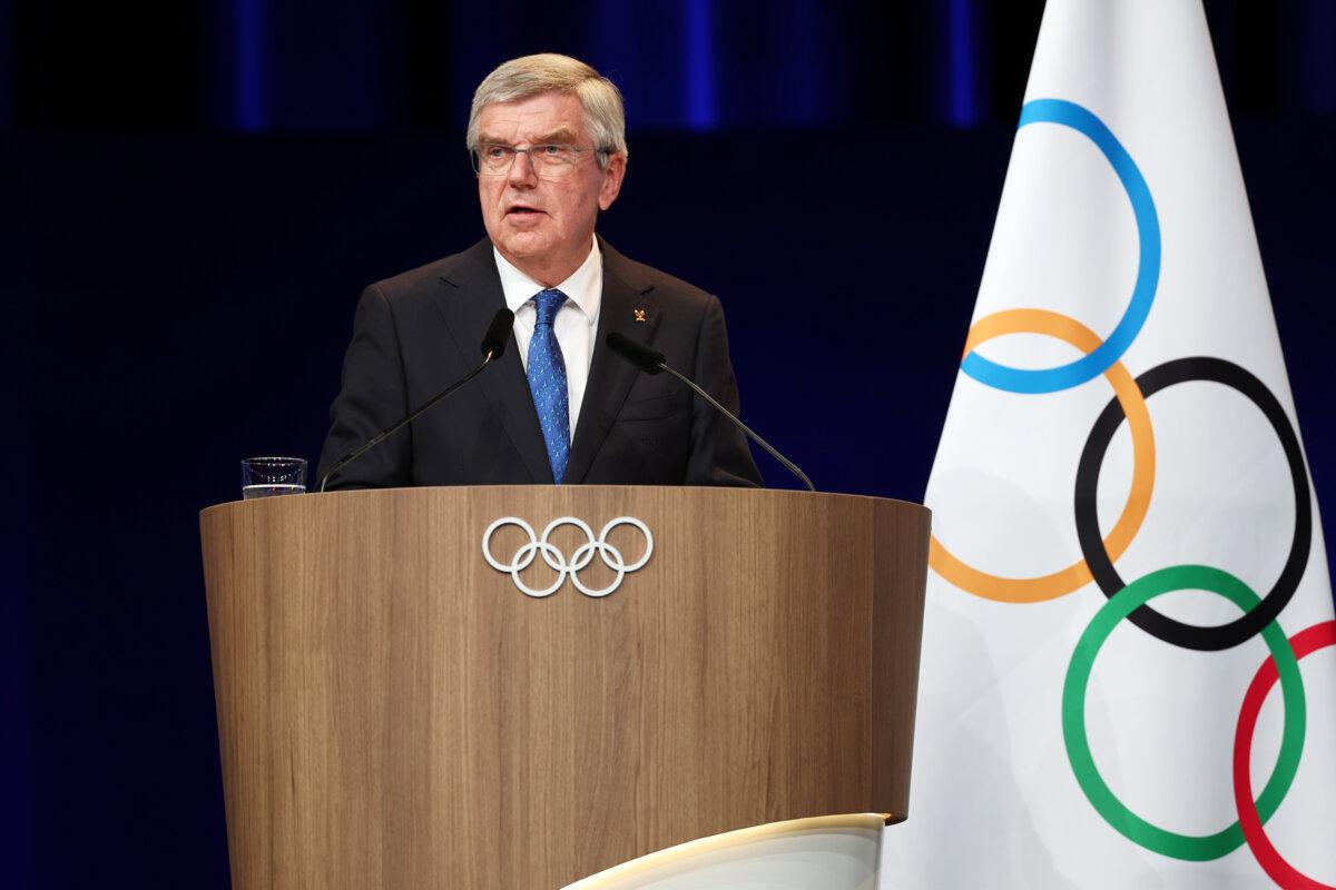 Thomas Bach, President of the International Olympic Committee, speaks during the 142nd IOC Session on day 15 of the Olympic Games Paris 2024 at the Main Press Centre in Paris on Aug. 10, 2024. (Photo by George Mattock/Getty Images)