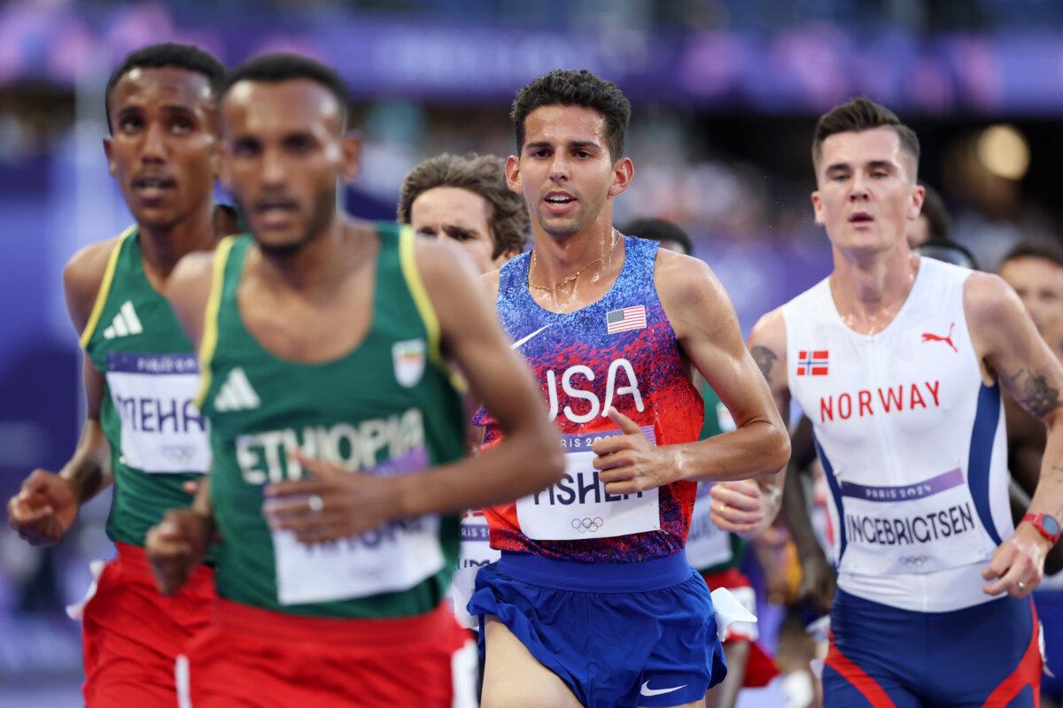 Grant Fisher of Team United States competes during the men's 5000m Final on day 15 of the Olympic Games at Stade de France in Paris on Aug. 10, 2024. (Patrick Smith/Getty Images)