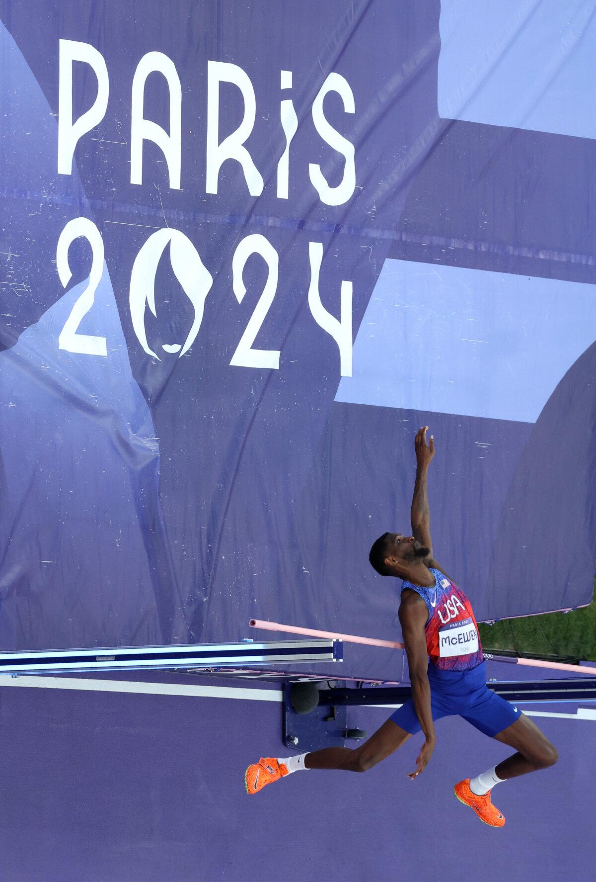 Shelby McEwen of Team United States competes in the men's high jump final on day 15 of the Olympic Games at Stade de France in Paris on Aug. 10, 2024. (Richard Heathcote/Getty Images)