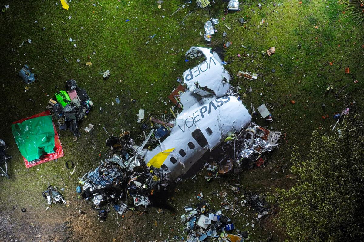 The debris at the site where an airplane crashed in Vinhedo, Sao Paulo state, Brazil, early on Aug. 10, 2024. (Andre Penner/AP Photo)