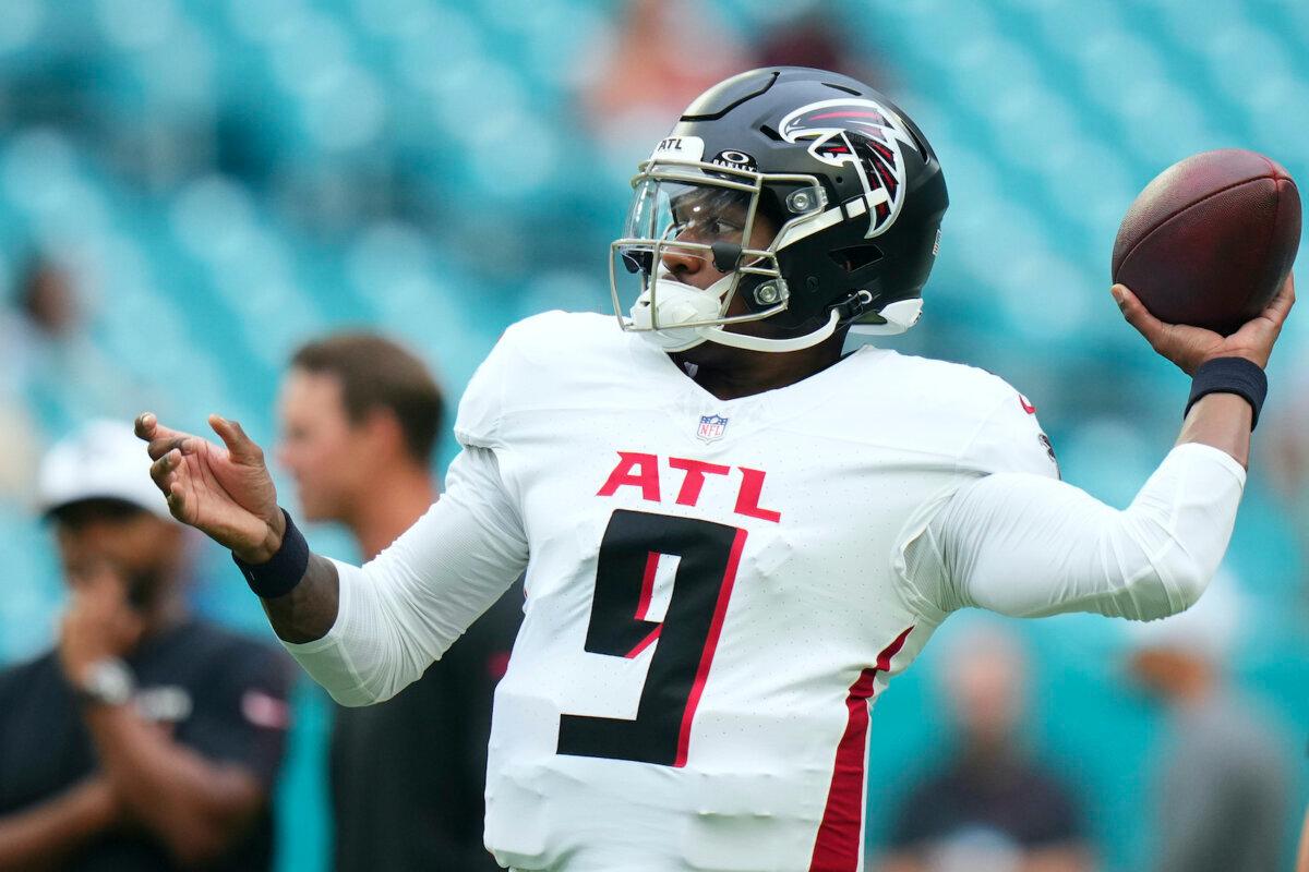 Michael Penix Jr. #9 of the Atlanta Falcons warms up prior to a preseason game against the Miami Dolphins at Hard Rock Stadium in Miami Gardens, Fla., on Aug. 9, 2024. (Rich Storry/Getty Images)