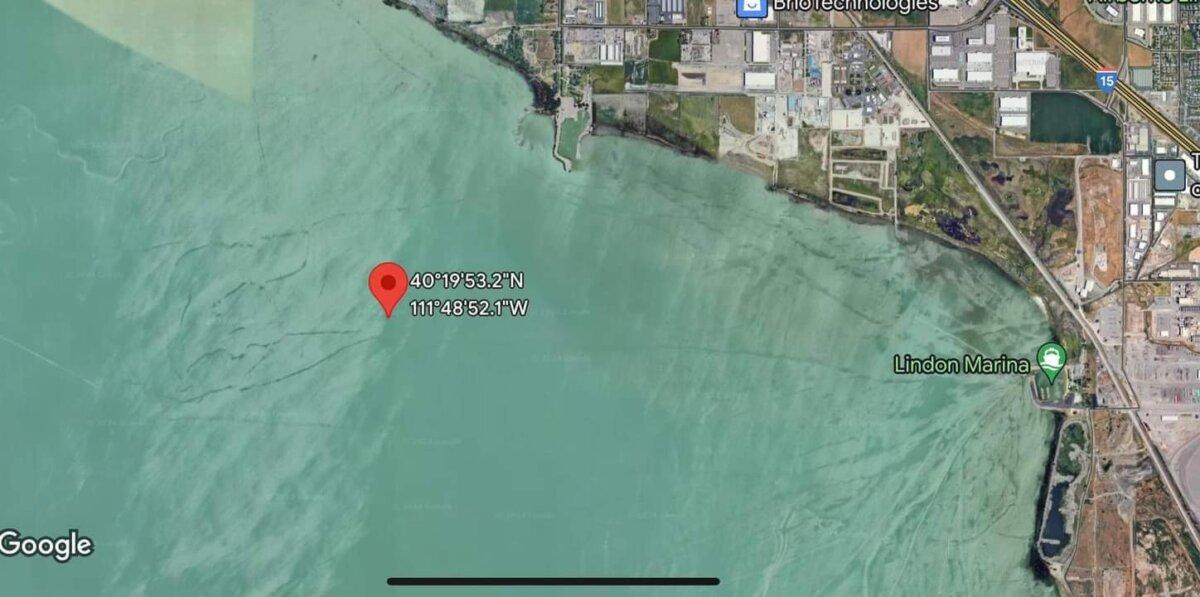 A Google screenshot shows the GPS location of the sinking motorboat that was carrying a family of seven on Utah Lake on Aug. 3, 2024. (Courtesy of the Utah County Sheriff's Office)