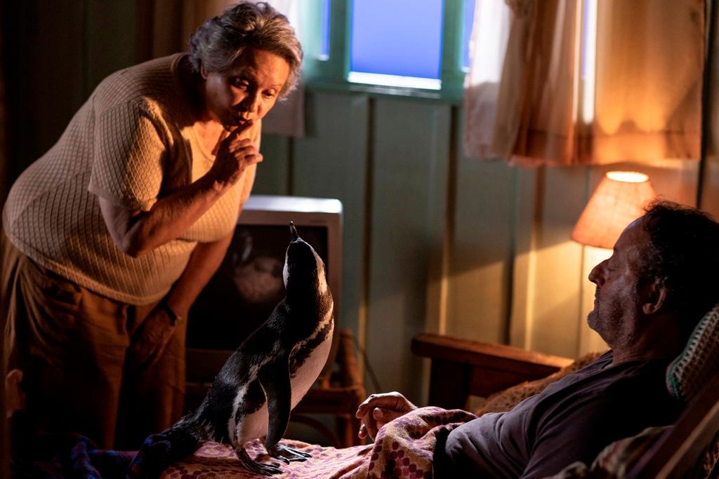 Maria (Adriana Barraza) and Joao (Jean Reno) take in an injured penguin, in "My Penguin Friend." (Roadside Attractions)
