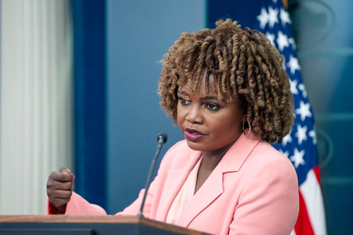 White House Press Secretary Karine Jean-Pierre speaks during the daily press briefing in the Brady Press Briefing Room of the White House in Washington on Aug. 14, 2024. (Madalina Vasiliu/The Epoch Times)