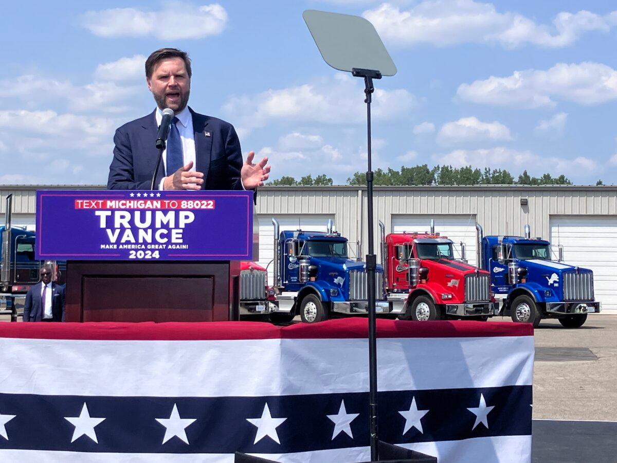 Sen. JD Vance (R-Ohio), the 2024 Republican vice presidential nominee, speaks at a campaign event at Cordes Inc., a trucking company in Byron Center, Mich., on Aug. 14, 2024. (Janice Hisle/The Epoch Times)