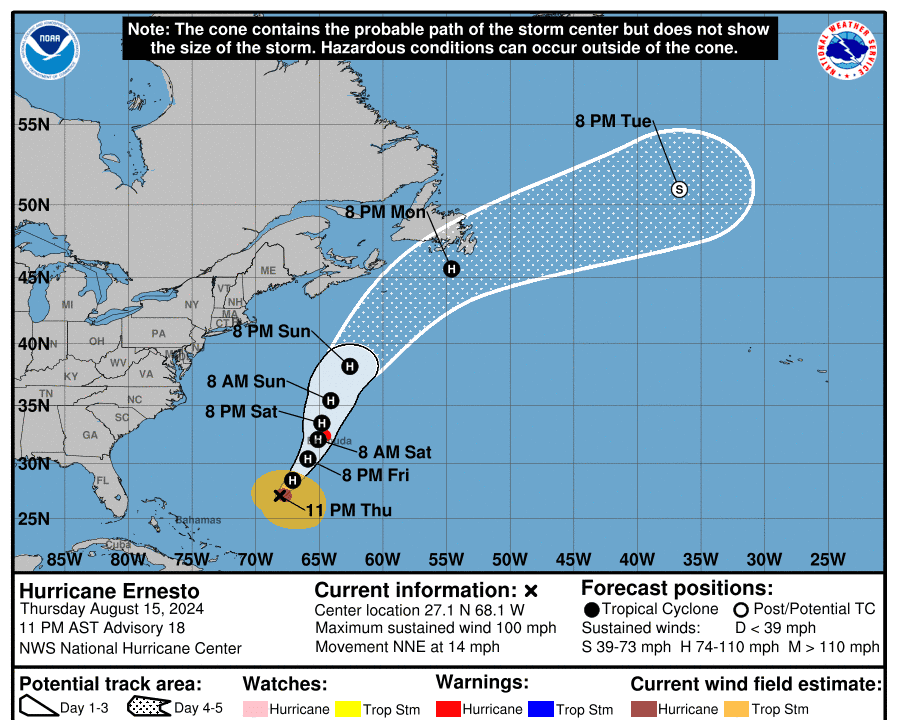 Ernesto Approaches Bermuda, Strengthens to Category 2 Hurricane