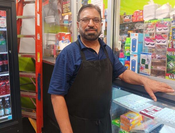 Mohammad Aslam, the owner of a bodega on Lake Street in Chicago, Ill., on Aug. 16, 2024, ahead of the Democratic National Convention beginning blocks away in just days. (Nathan Worcester/The Epoch Times)