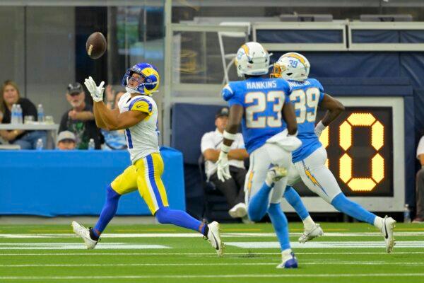 Los Angeles Rams wide receiver JJ Laap (L) makes a touchdown catch during the second half of a preseason NFL football game against the Los Angeles Chargers in Inglewood, Calif., on Aug. 17, 2024. (Jayne Kamin-Oncea/AP Photo)
