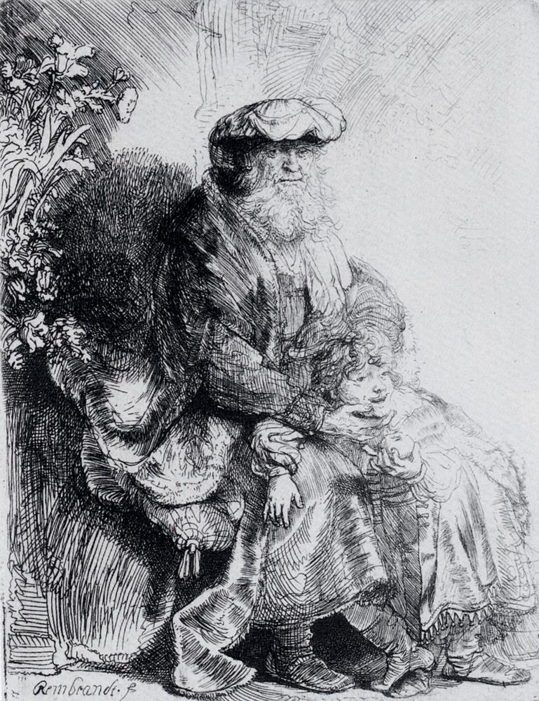 "Jacob Caressing Benjamin," 1637, by Rembrandt. Etching print on paper; 4 1/2 inches by 3 1/2 inches. Rijksmuseum, The Netherlands. (Public Domain)