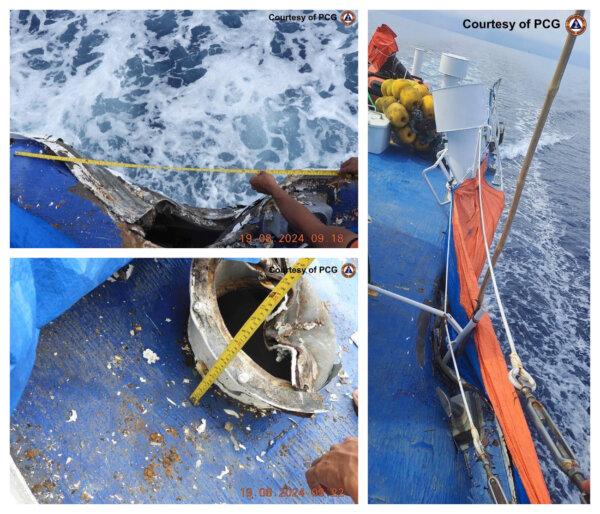 Damage on Philippines Coast Guard vessel BRP Cape Engano/MRRV-4411 (Left) and BRP Bagacay/MRRV-4410 (Right) following collisions with Chinese Coast Guard vessels in the disputed South China Sea on Aug. 19, 2024. (Philippine Coast Guard via AP)