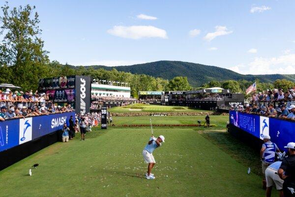 Brooks Koepka of the United States hits his tee at the 18th hole during day three of LIV Golf Greenbrier in White Sulphur Springs, W.V. on Aug, 18, 2024. (Isaiah Vazquez/Getty Images)