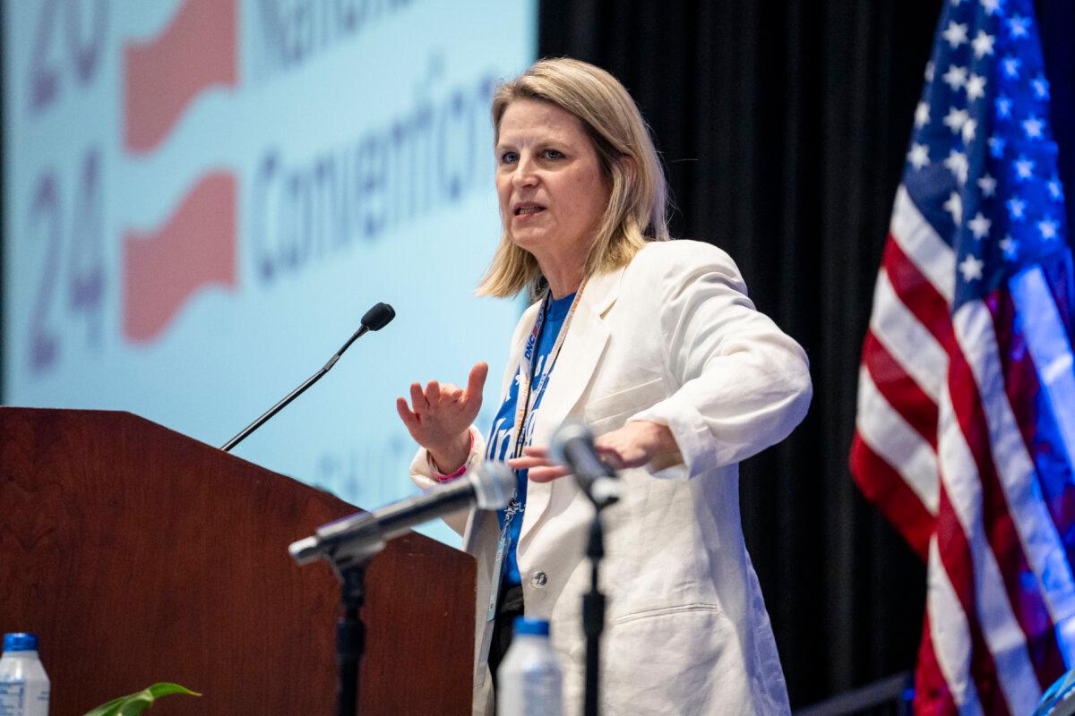President of the AFL-CIO Liz Shuler speaks at the Labor Caucus at the Hyatt Regency McCormick Place during the first day of the Democratic National Convention (DNC) in Chicago on Aug. 19, 2024. (Madalina Vasiliu/The Epoch Times)