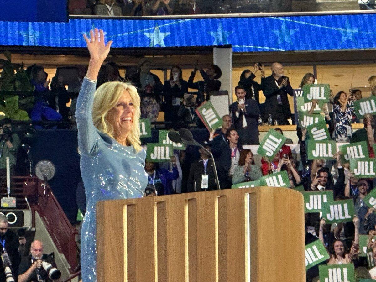 First Lady Jill Biden speaks ahead of President Joe Biden, who is headlining the opening night of the Democratic National Convention in Chicago, Ill., on Aug. 19, 2024. (Jackson Richman/The Epoch Times)