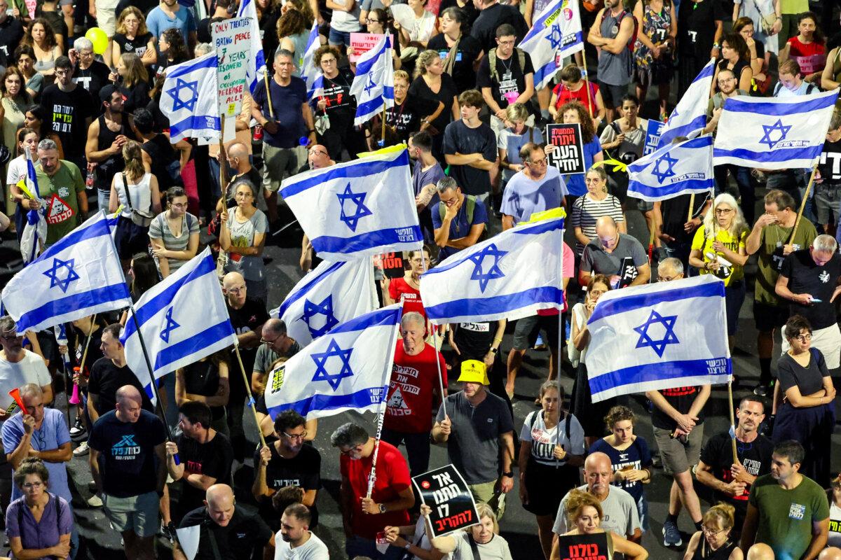 Supporters and relatives of Israelis held hostage by Hamas terrorists in Gaza since the Oct. 7 attacks protest in Tel Aviv, Israel, on July 6, 2024. (Jack Guez/AFP via Getty Images)