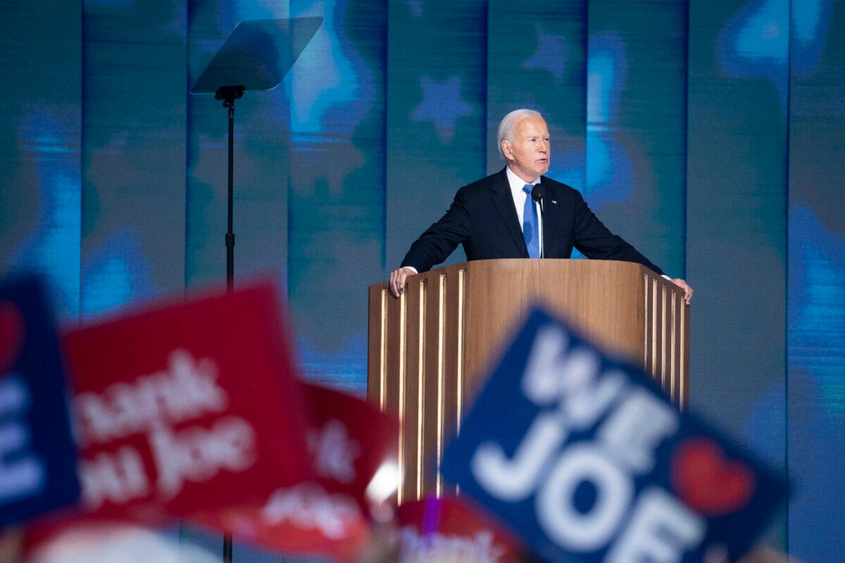 President Joe Biden speaks during the first day of the Democratic National Convention in Chicago on Aug. 19, 2024. (Madalina Vasiliu/The Epoch Times)