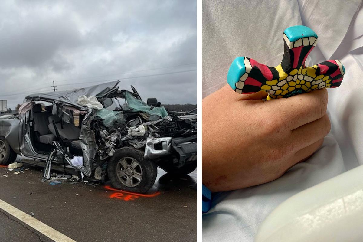 (Left) The truck Davin was riding in after the accident on Dec. 1, 2023; (Right) Davin in the hospital after the accident. (Courtesy of Jennifer Rowland and David Rowland)