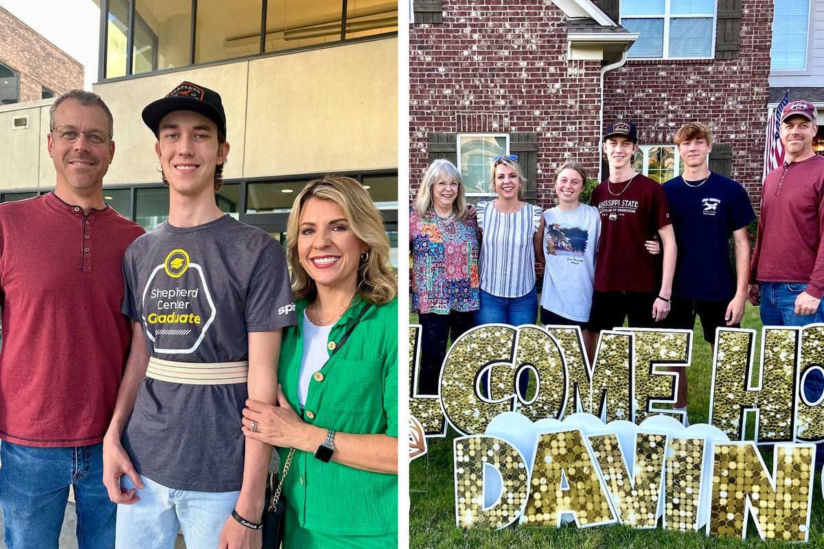 (Left) Davin Rowland and his parents; (Right) Davin Rowland is welcomed home by family and friends. (Courtesy of Jennifer Rowland and David Rowland)