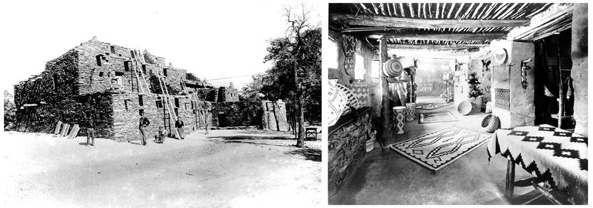 Grand Canyon Historic Hopi House exterior and interior ground floor sales room featuring baskets and Navajo rugs, circa 1905. (<a href="https://www.flickr.com/photos/grand_canyon_nps/albums/72157626982621103/with/5898213192" target="_blank" rel="nofollow noopener">Grand Canyon National Park</a>/<a href="https://creativecommons.org/licenses/by/2.0/" target="_blank" rel="nofollow noopener">CC BY 2.0</a>)