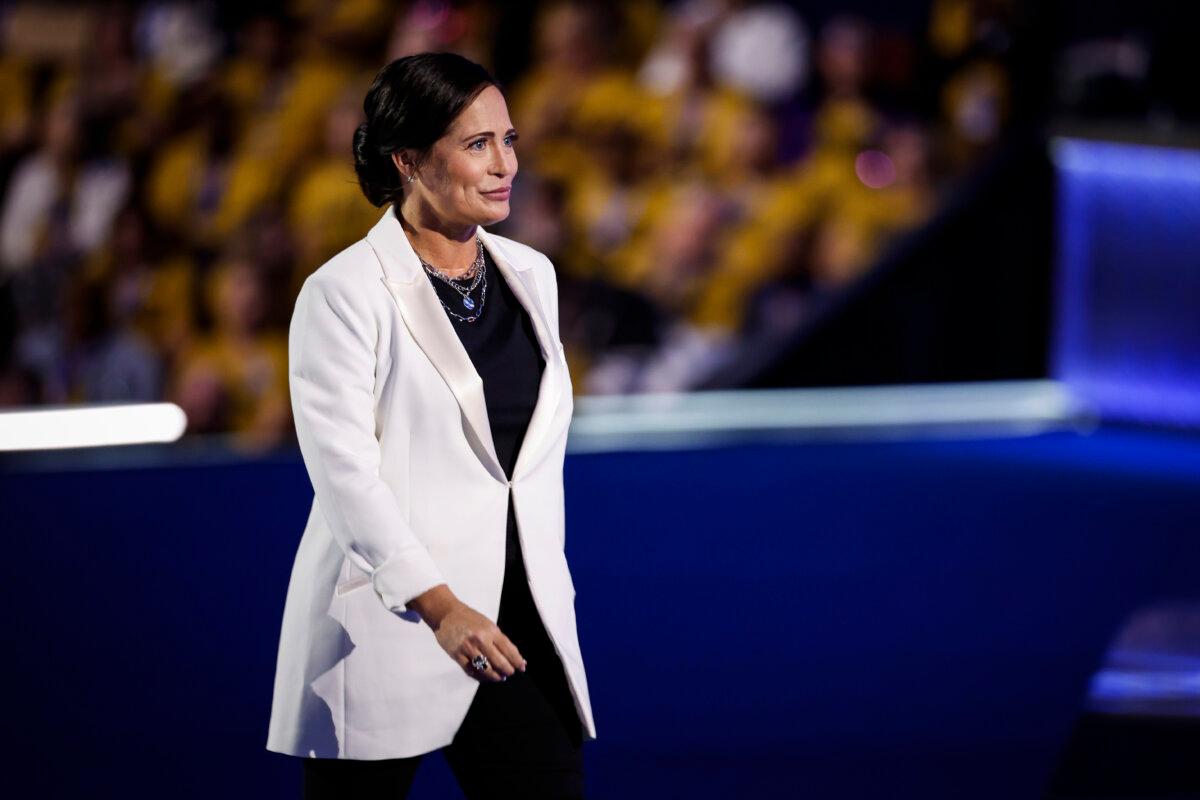 Former Trump White House press secretary Stephanie Grisham departs after speaking on stage during the second day of the Democratic National Convention at the United Center in Chicago, Ill., on Aug. 20, 2024. (Kevin Dietsch/Getty Images)