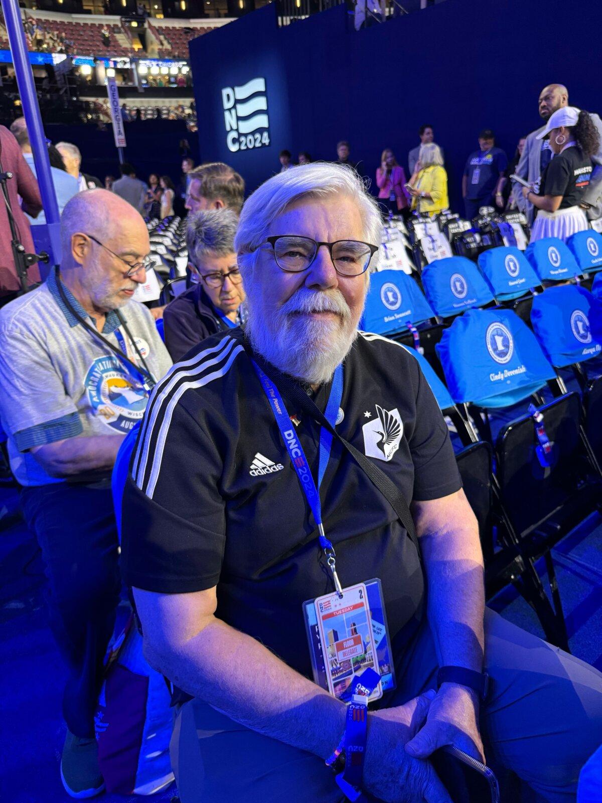 James Hepworth, a Minnesota delegate and acquaintance of Gov. Tim Walz, spoke at the Democratic National Convention in Chicago, Illinois, on Aug. 20, 2024. (Arjun Singh/The Epoch Times)