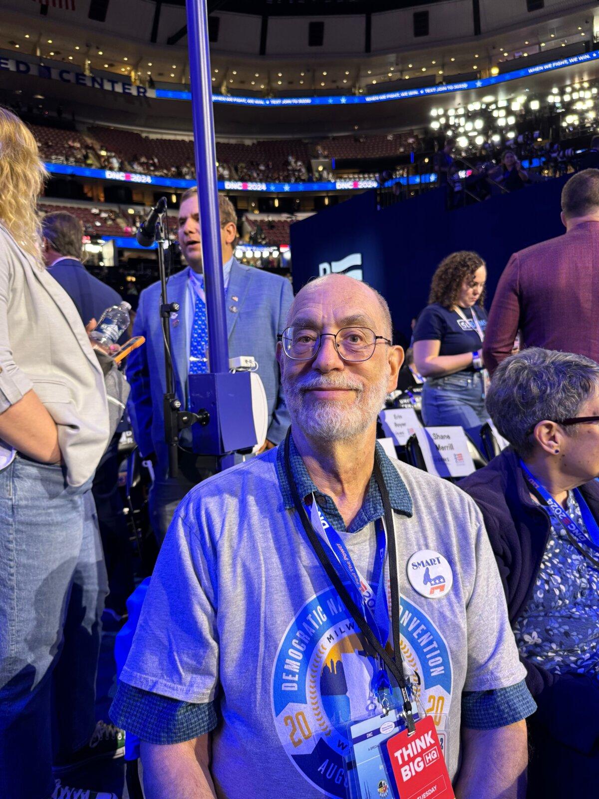 Jules Goldstein, veteran and former Democratic operative, attended the Democratic National Convention as a Minnesota delegate in Chicago, Illinois, on Aug. 20, 2024. (Arjun Singh/The Epoch Times)