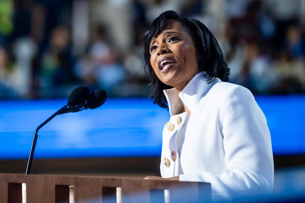 Maryland Democratic nominee for the U.S. Senate, Angela Alsobrooks, speaks during the second day of the Democratic National Convention (DNC) at the United Center in Chicago on Aug. 20, 2024. (Madalina Vasiliu/The Epoch Times)