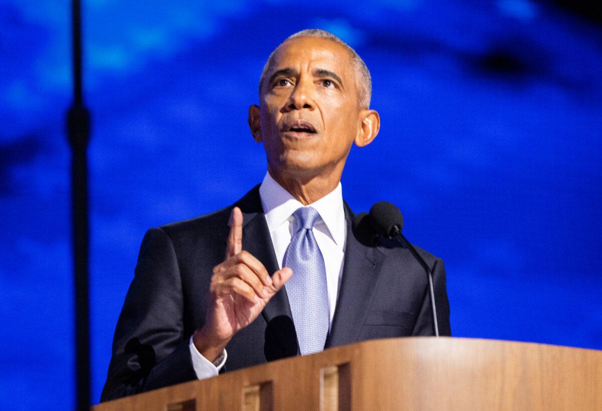 Former United States President Barrack Obama speaks at the 2024 DNC held in Chicago, Ill., on August 20, 2024. (John Fredricks/The Epoch Times)