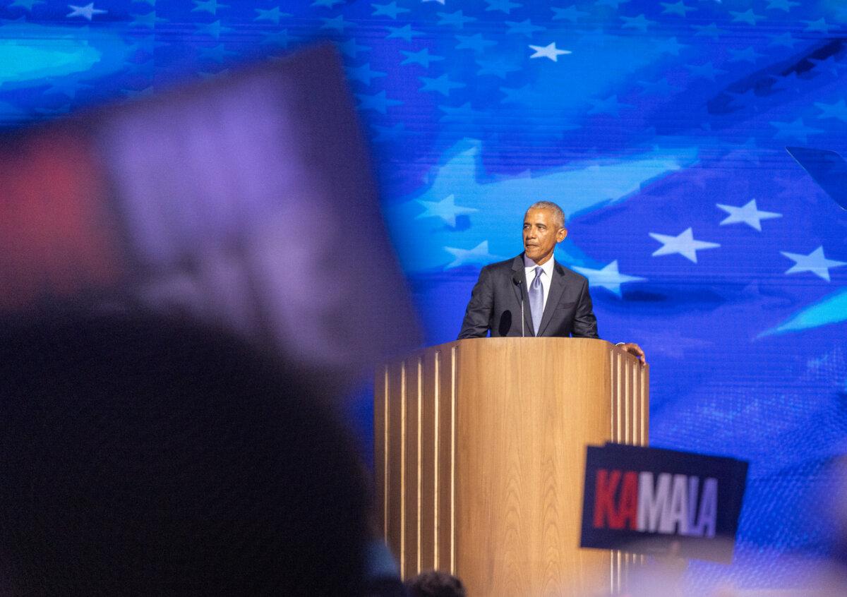 Former President Barrack Obama speaks at the 2024 DNC held in Chicago, Ill., on August 20, 2024. (John Fredricks/The Epoch Times)